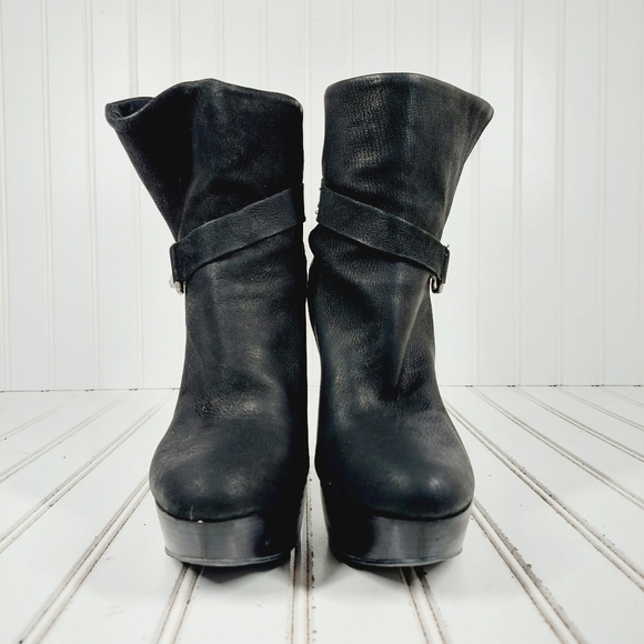 Nine West Midi Black Nubuck Leather Slouchy Pull On Platform Booties K277 - Picture 3 of 13